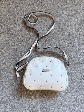 Guess White Dome Crossbody with Gold Studs Double Zipper compartment